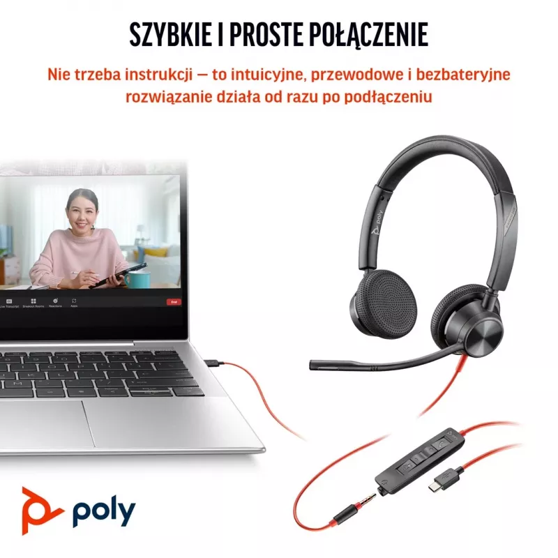 HP Poly Blackwire 3325 Auscultador estéreo com certificação Microsoft Teams USB-C + jack 3,5mm + adaptador USB-C/A