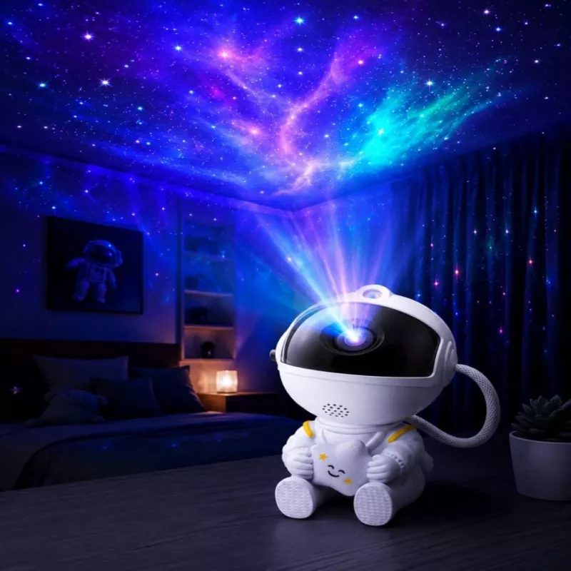 Projetor de astronauta sentado com céu estrelado e nébula HQ com cabeça rotativa 360° e controlo remoto branco