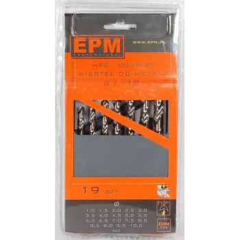 Conjunto de brocas helicoidais HSS para metal 1-10 mm, 19 peças, DIN 338, haste cilíndrica, ângulo de ponta 118°, retificadas, caixa de plástico