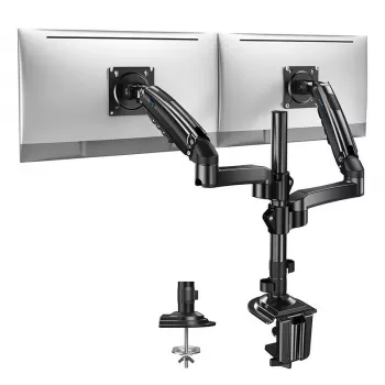 Suporte duplo para monitor Huanuo HNDS8 para ecrãs de 13-32 polegadas, braço com mola a gás, fixação à mesa/por furo, VESA 75x75 & 100x100, preto