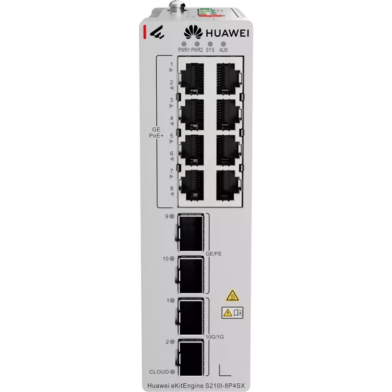 Switch Ethernet industrial HUAWEI S210I-8P4SX, 8x GE PoE+ cobre, 2x GE SFP, 2x 10GE SFP+, calha DIN, Dual DC 98012933