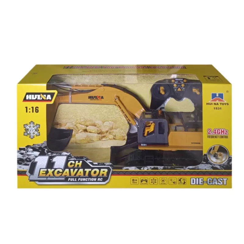 Escavadora RC Huina 22747 1:16 com cabine rotativa e controlo remoto – 15 canais 2.4GHz com luzes LED