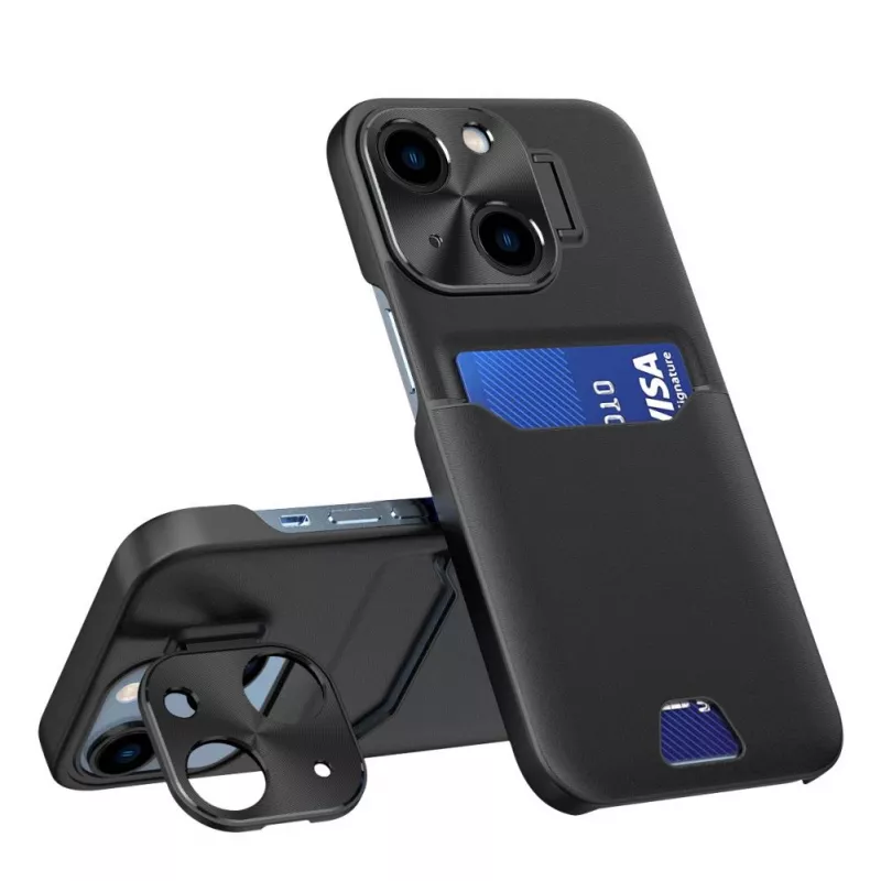 HURTEL iLike Capa com suporte em pele para Apple iPhone 14 com porta-cartões preto
