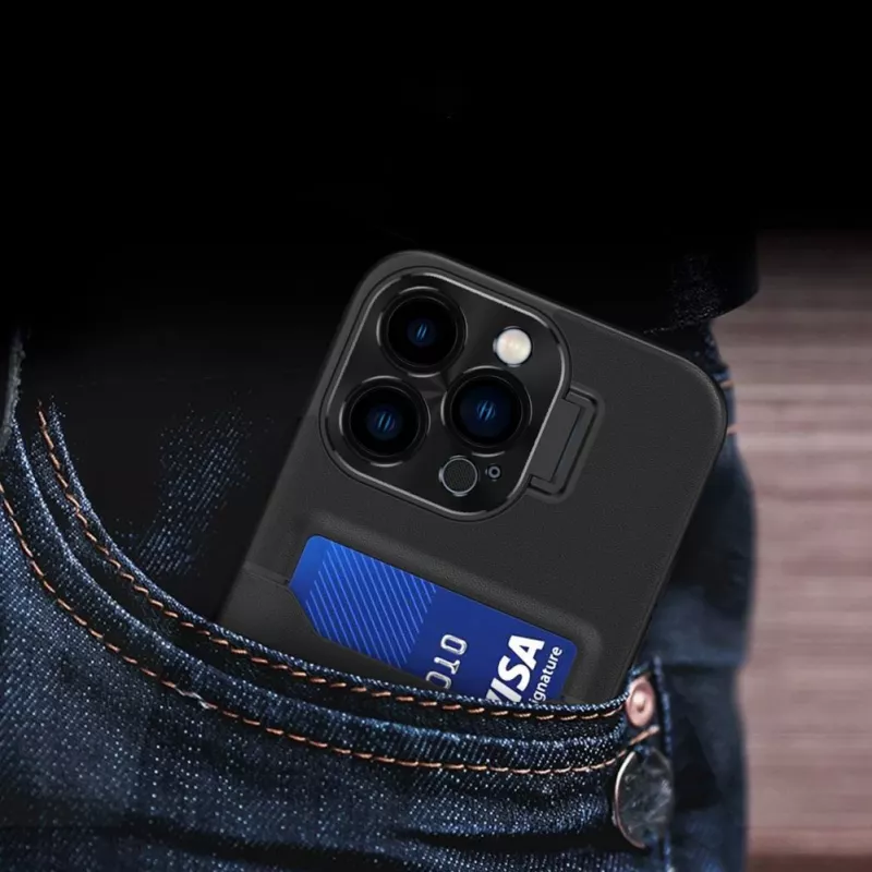 HURTEL iLike Capa com suporte em pele para Apple iPhone 14 com porta-cartões preto