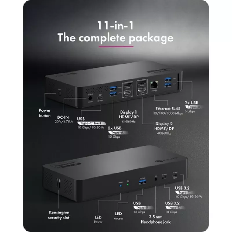 Docking station ICY BOX Heart Dock 2255 11 em 1, DisplayLink DL-6950, 2x HDMI/DP 4K@60Hz, Power Delivery 96W, LAN Gigabit, USB-C/A 10Gbps