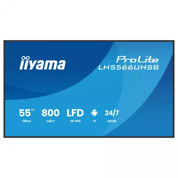 IIYAMA 55 polegadas LH5566UHSB-B1 ecrã profissional de sinalização digital 4K UHD com 500 cd/m² de brilho, funcionamento 24/7, HDMI, USB-C, DP, VGA, Android OS