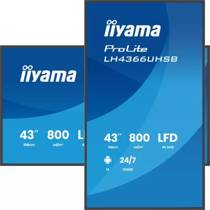 Ecrã de sinalização digital IIYAMA LH4366UHSB-B1AG de 43 polegadas 4K UHD, painel VA, 500 cd/m², funcionamento 24/7, Android 9.0, Wi-Fi, 2 altifalantes de 10W