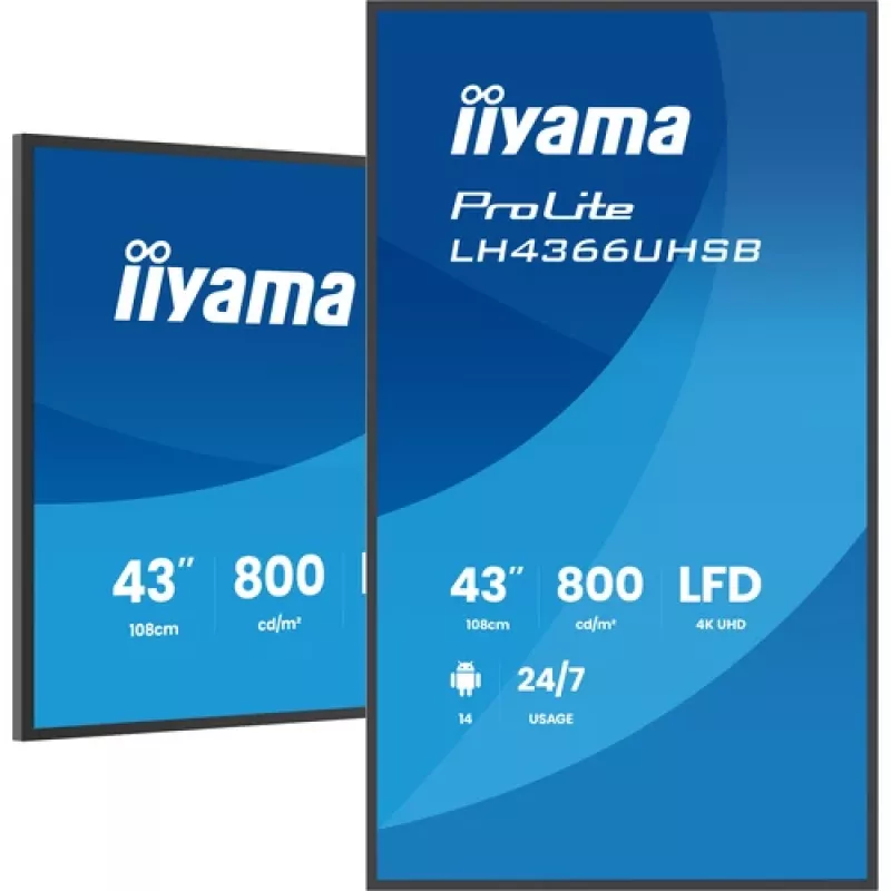 Ecrã de sinalização digital IIYAMA LH4366UHSB-B1AG de 43 polegadas 4K UHD, painel VA, 500 cd/m², funcionamento 24/7, Android 9.0, Wi-Fi, 2 altifalantes de 10W