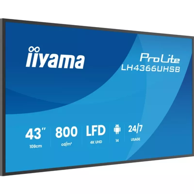 Ecrã de sinalização digital IIYAMA LH4366UHSB-B1AG de 43 polegadas 4K UHD, painel VA, 500 cd/m², funcionamento 24/7, Android 9.0, Wi-Fi, 2 altifalantes de 10W