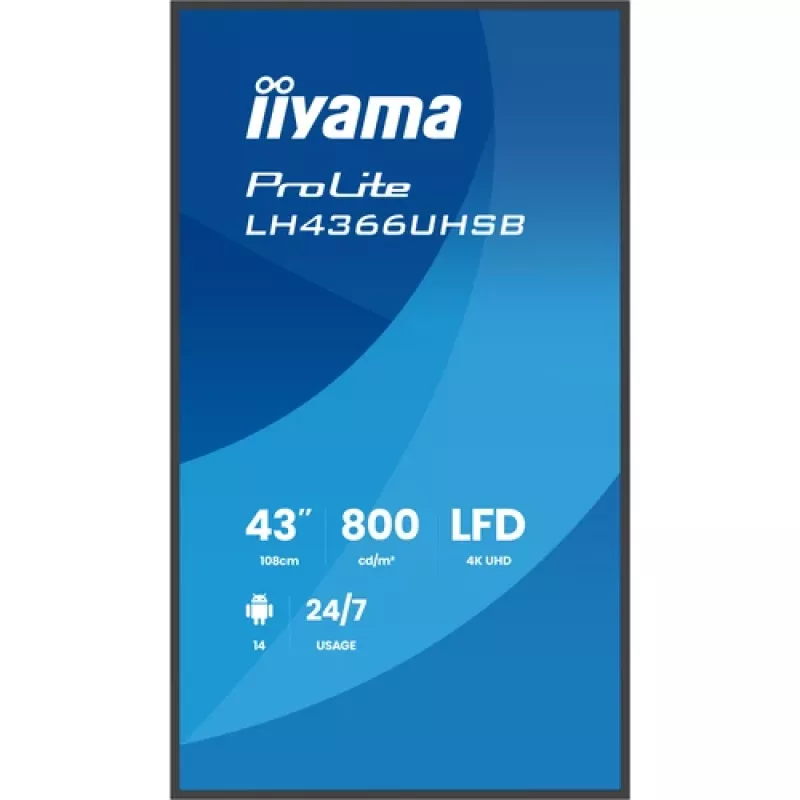 Ecrã de sinalização digital IIYAMA LH4366UHSB-B1AG de 43 polegadas 4K UHD, painel VA, 500 cd/m², funcionamento 24/7, Android 9.0, Wi-Fi, 2 altifalantes de 10W