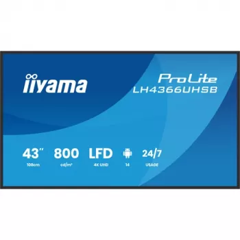 Ecrã de sinalização digital IIYAMA LH4366UHSB-B1AG de 43 polegadas 4K UHD, painel VA, 500 cd/m², funcionamento 24/7, Android 9.0, Wi-Fi, 2 altifalantes de 10W