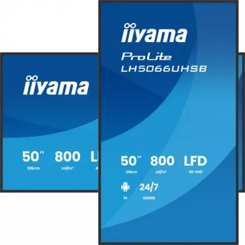 Ecrã de sinalização digital IIYAMA LH5066UHSB-B1AG 50 polegadas 4K UHD IPS com Android, 2x HDMI, USB-C, 500 cd/m²