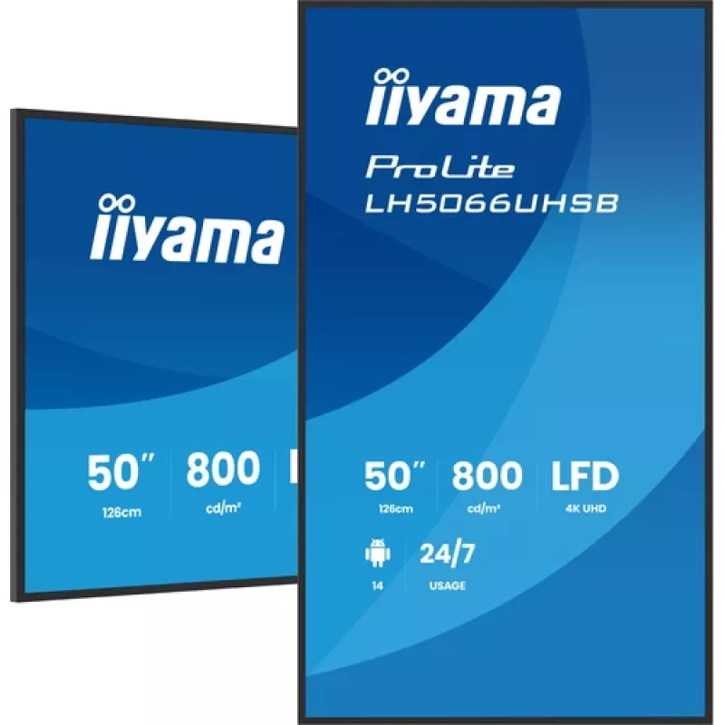 Ecrã de sinalização digital IIYAMA LH5066UHSB-B1AG 50 polegadas 4K UHD IPS com Android, 2x HDMI, USB-C, 500 cd/m²