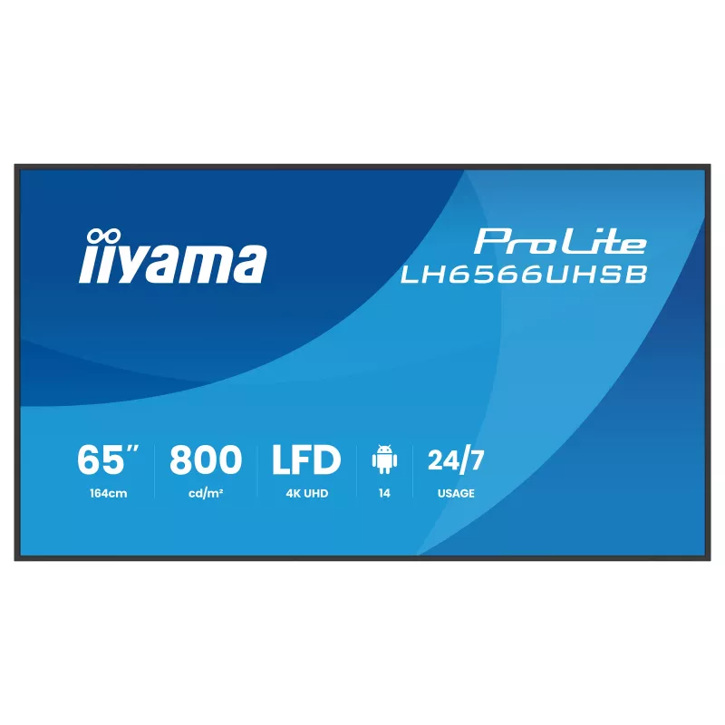 IIYAMA LH6566UHSB-B1AG 65 polegadas 4K UHD ecrã de sinalização digital com Android 11, 500 cd/m², 2x HDMI, USB-C, DP, WiFi, funcionamento 18/7