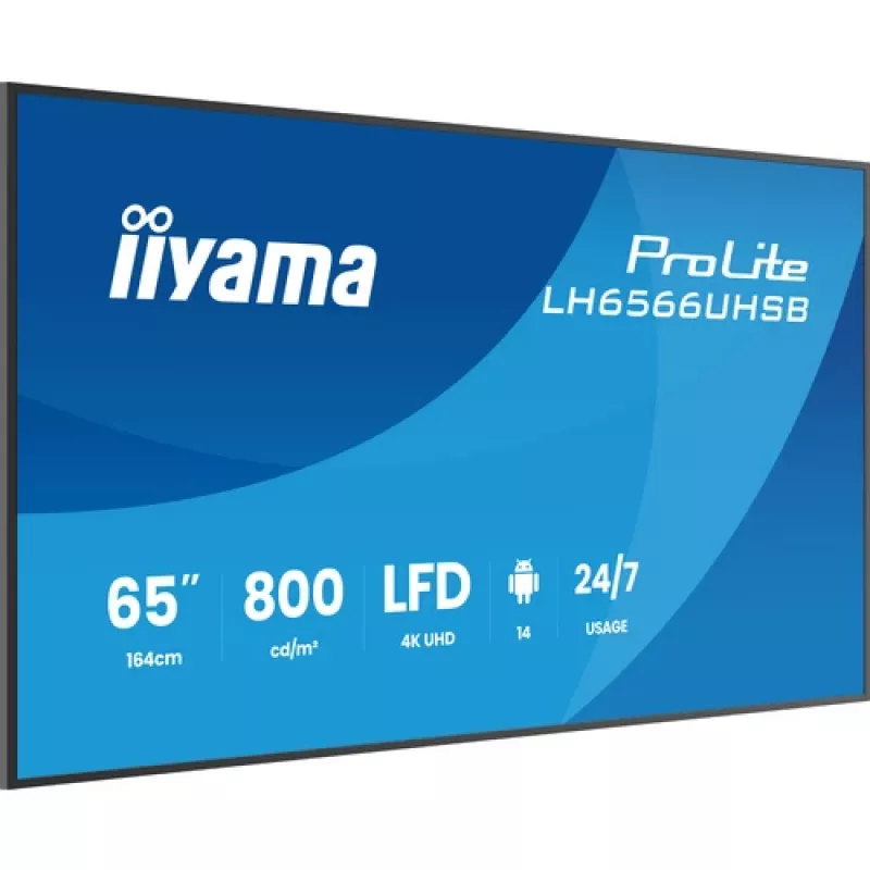 IIYAMA LH6566UHSB-B1AG 65 polegadas 4K UHD ecrã de sinalização digital com Android 11, 500 cd/m², 2x HDMI, USB-C, DP, WiFi, funcionamento 18/7