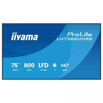 Ecrã de sinalização digital IIYAMA LH7566UHSB-B1AG 75 polegadas 4K UHD com Android 11, funcionamento 24/7