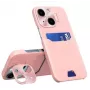 iLike Apple iPhone 14 capa de couro com suporte e porta-cartões rosa