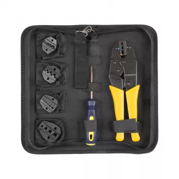 Alicate de cravar INNE com maxilas substituíveis conjunto E6110, catraca, 5 pares de maxilas, 0,5-16 mm², mala de armazenamento