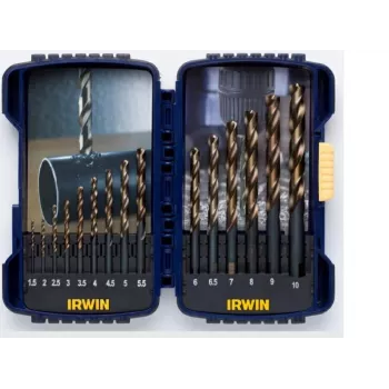 Conjunto de 15 brocas helicoidais HSS IRWIN TURBOMAX PRO, 1,5–10 mm, DIN 338, afiação em cruz, metal/madeira/plástico