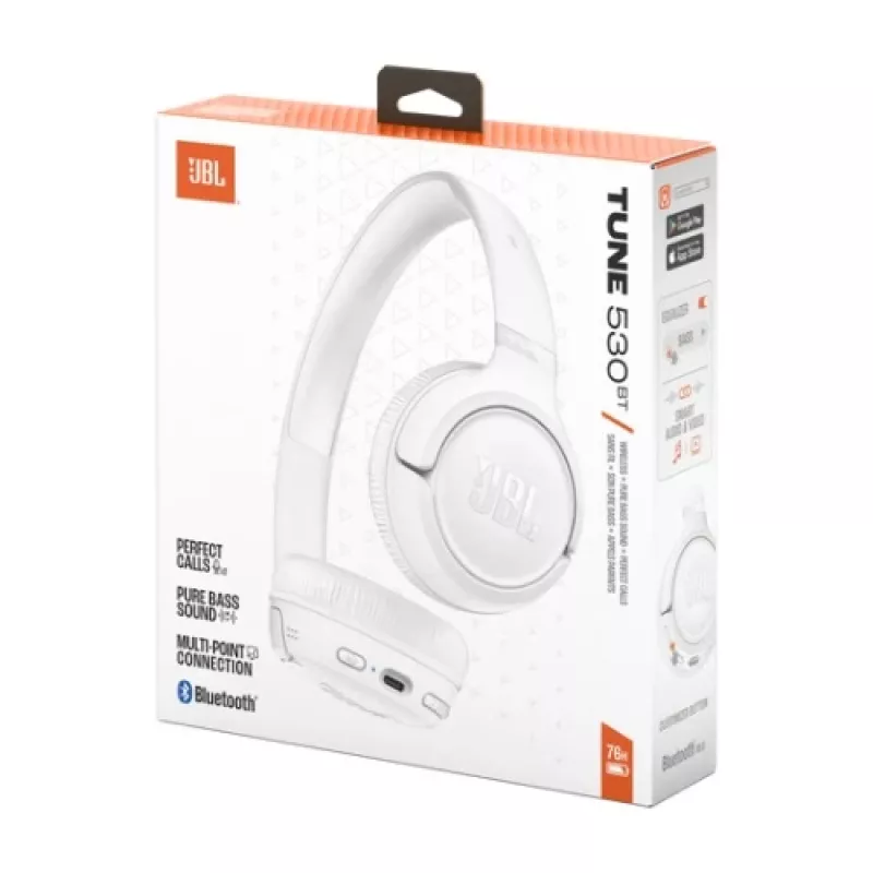 JBL Tune 530BT auriculares on-ear sem fios com Pure Bass, Bluetooth 5.3, bateria de 57 horas, design dobrável – branco