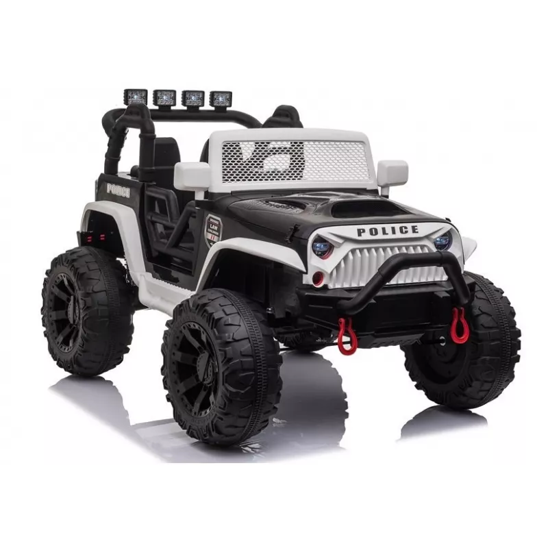 JC666 Carro de polícia elétrico para criança com luzes LED, MP3 e comando branco