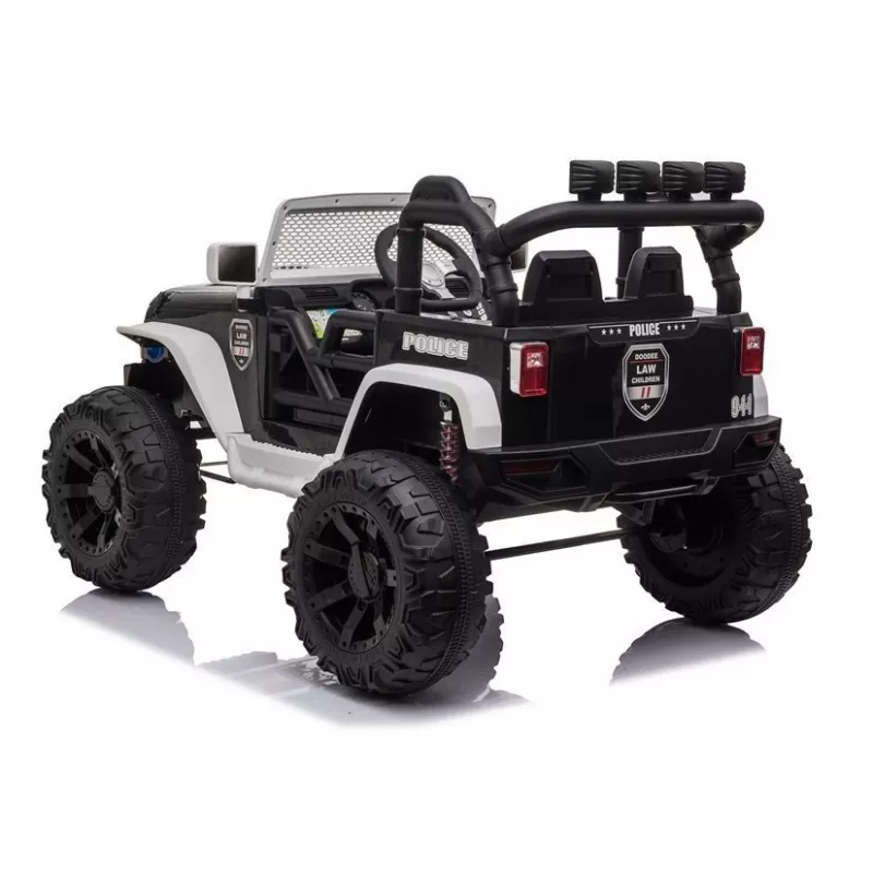 JC666 Carro de polícia elétrico para criança com luzes LED, MP3 e comando branco