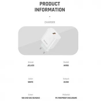 Jellico AK-165 Carregador rápido inteligente USB 22.5W QC 3.0 1x USB (5-12V) branco