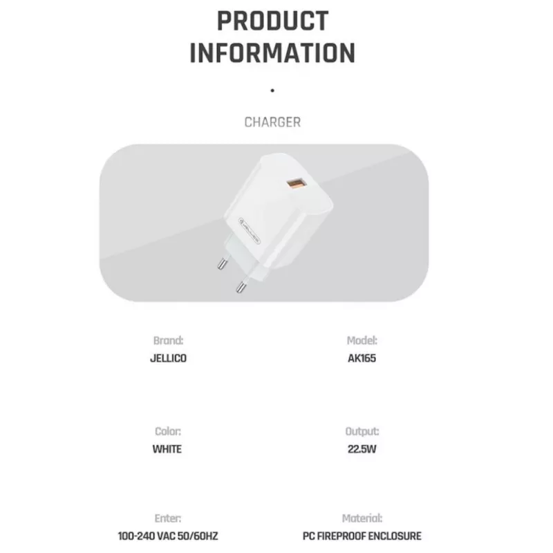 Jellico AK-165 Carregador rápido inteligente USB 22.5W QC 3.0 1x USB (5-12V) branco