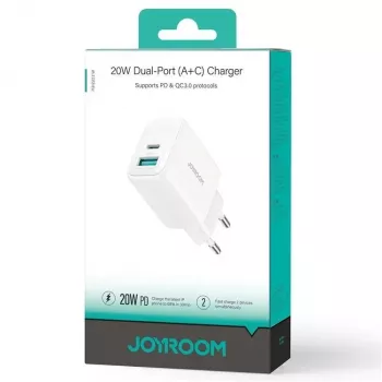 Carregador Joyroom 20W porta dupla (USB-A + USB-C) ficha EU branco
