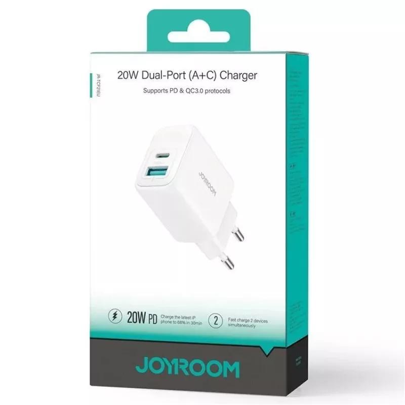 Carregador Joyroom 20W porta dupla (USB-A + USB-C) ficha EU branco