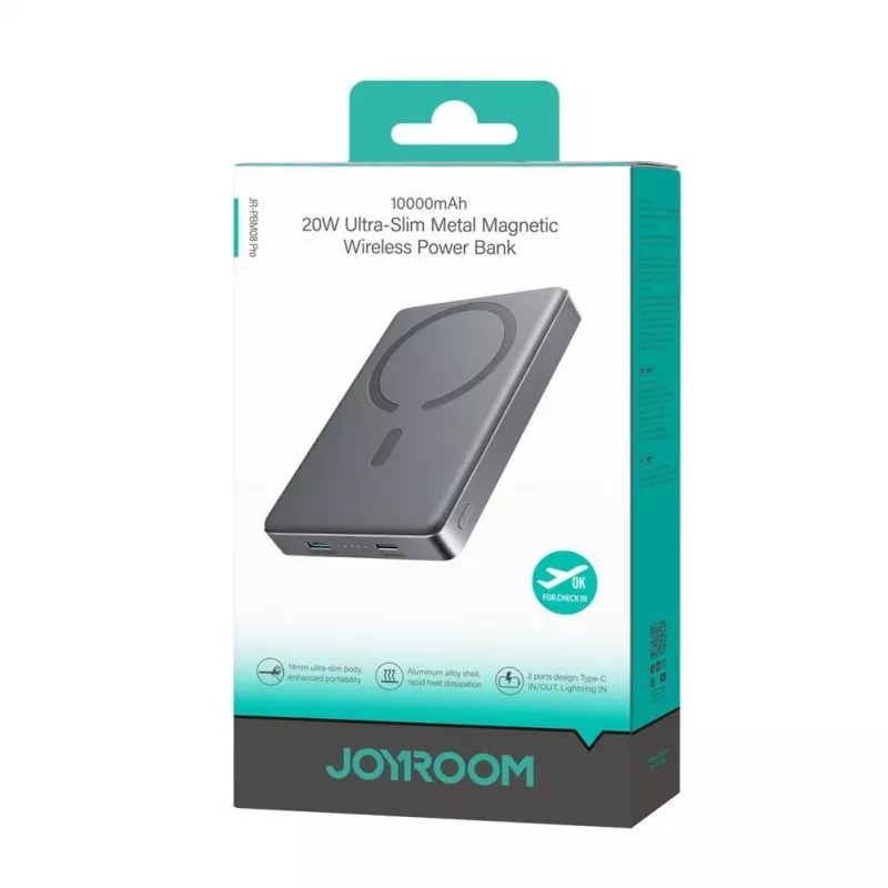 Power bank sem fios magnético metálico JOYROOM 20W 10000mAh Cinzento