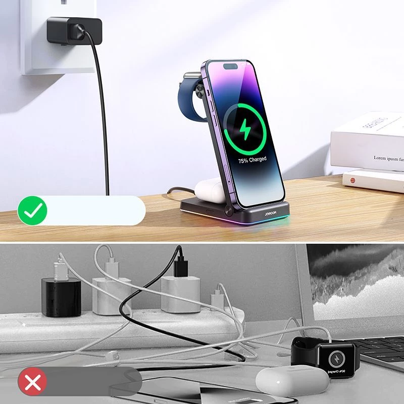 Suporte de carregamento sem fios 3 em 1 Joyroom para iPhone, Apple Watch, AirPods - carregamento rápido de 15W, preto (JR-WQN01)