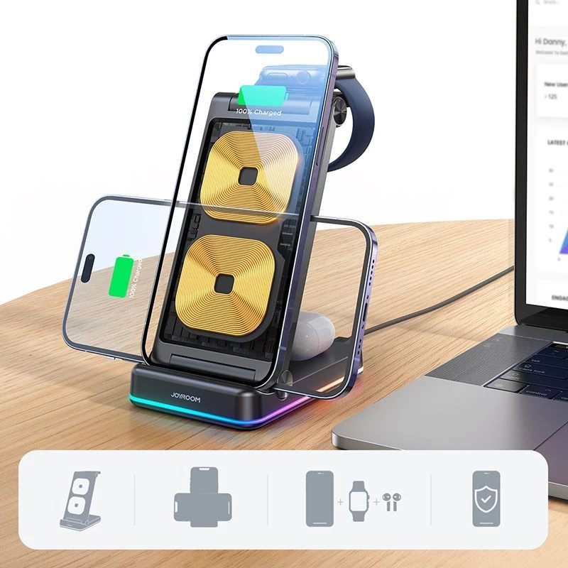 Suporte de carregamento sem fios 3 em 1 Joyroom para iPhone, Apple Watch, AirPods - carregamento rápido de 15W, preto (JR-WQN01)