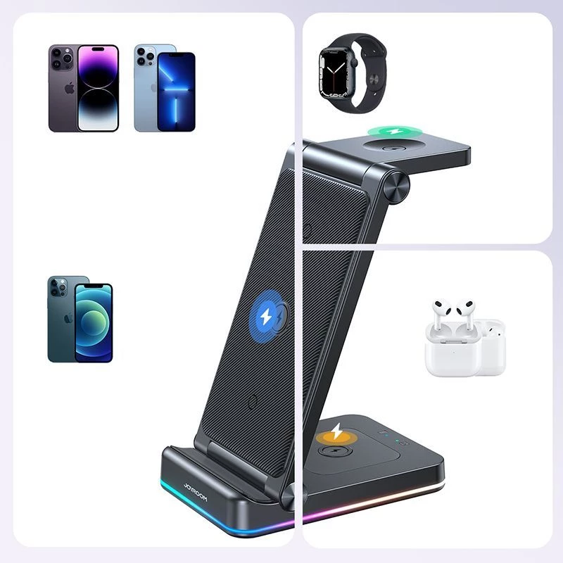 Suporte de carregamento sem fios 3 em 1 Joyroom para iPhone, Apple Watch, AirPods - carregamento rápido de 15W, preto (JR-WQN01)