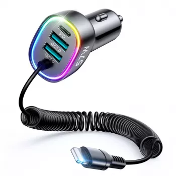 Carregador de automóvel rápido 4em1 Joyroom PD QC3.0 AFC FCP com cabo Lightning 1,6m 57W preto