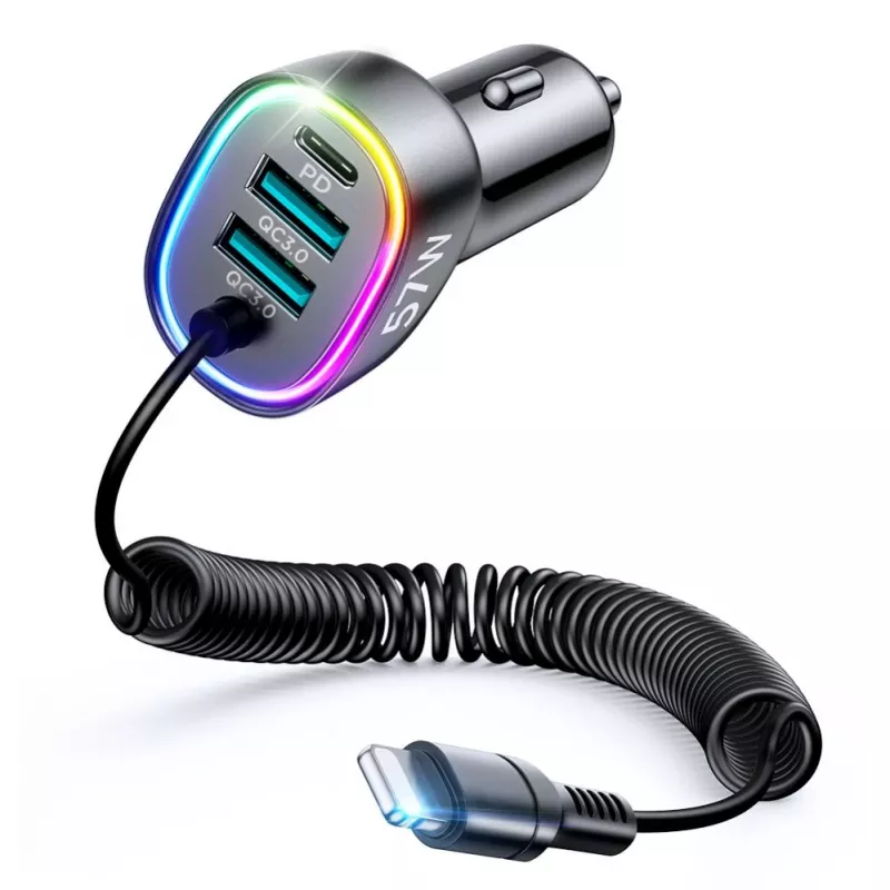 Carregador de automóvel rápido 4em1 Joyroom PD QC3.0 AFC FCP com cabo Lightning 1,6m 57W preto