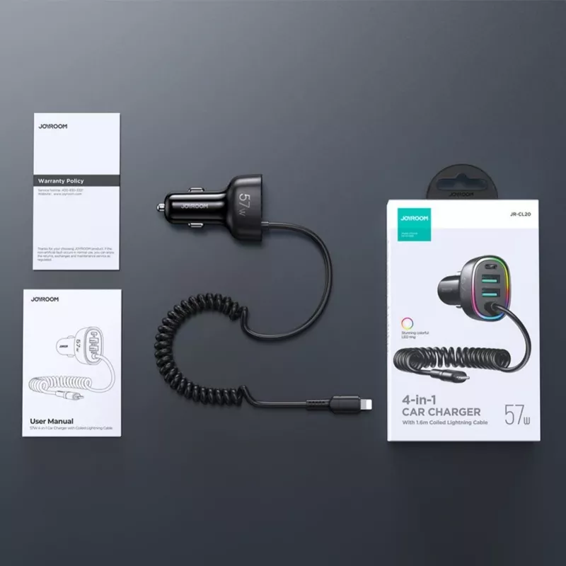 Carregador de automóvel rápido 4em1 Joyroom PD QC3.0 AFC FCP com cabo Lightning 1,6m 57W preto
