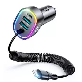 Carregador de automóvel rápido 4em1 Joyroom PD QC3.0 AFC FCP com cabo Lightning 1,6m 57W preto