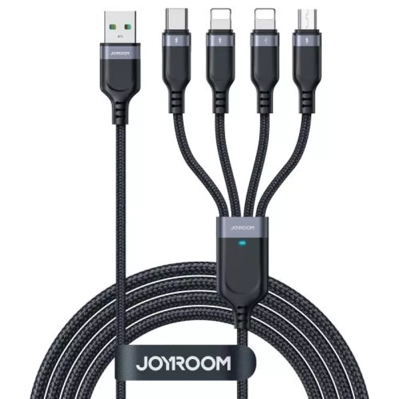 Cabo de carregamento Joyroom 4-em-1 USB-A para 2x Lightning / USB-C / Micro USB, 3,5A, 1,2m, preto (série A18)