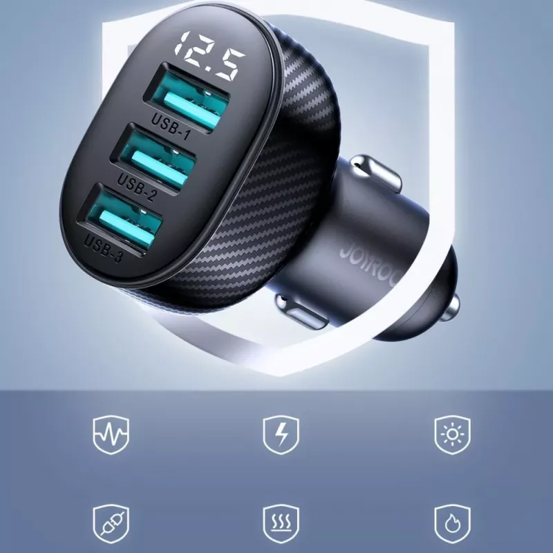 Joyroom JR-CCD03 Carregador de automóvel com visor digital, 3x USB-A, 17W, 3,4A, preto