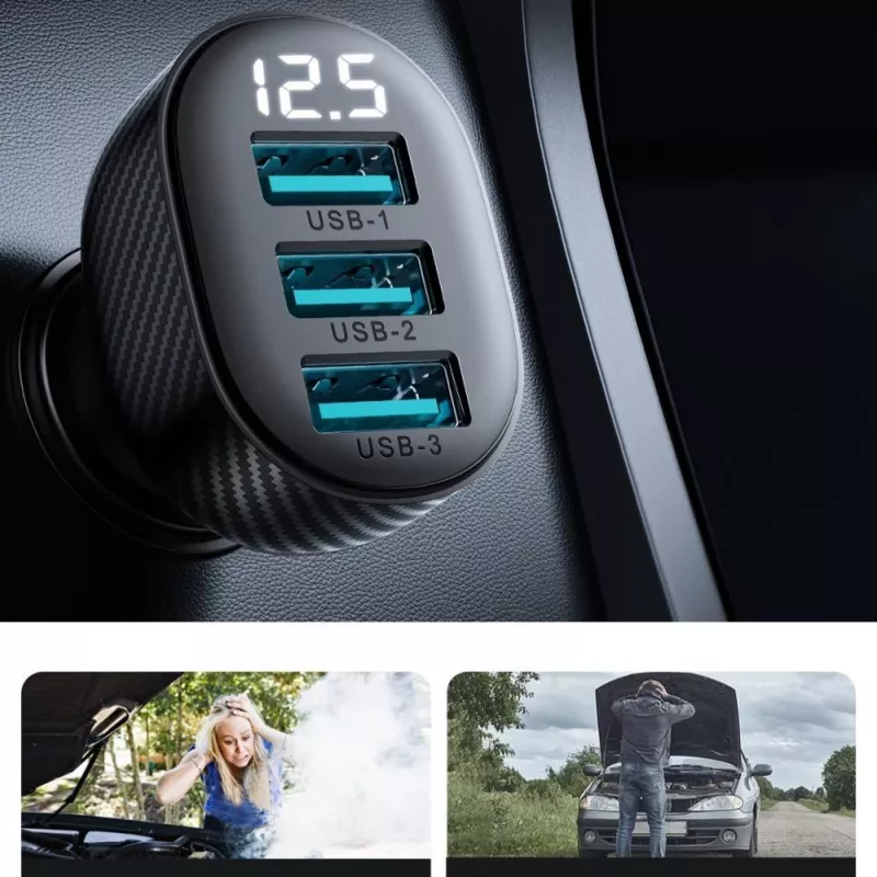 Joyroom JR-CCD03 Carregador de automóvel com visor digital, 3x USB-A, 17W, 3,4A, preto