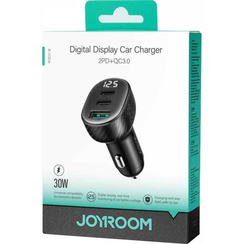 Carregador de automóvel Joyroom JR-CCD04 30W 2x USB-C USB-A com ecrã digital - preto