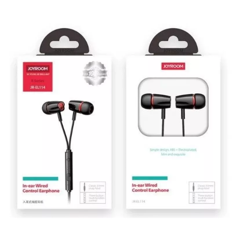 Auscultadores intra-auriculares com fio JOYROOM JR-EL114 com microfone e controlo remoto, jack 3,5 mm, cabo chato resistente a dobras, preto