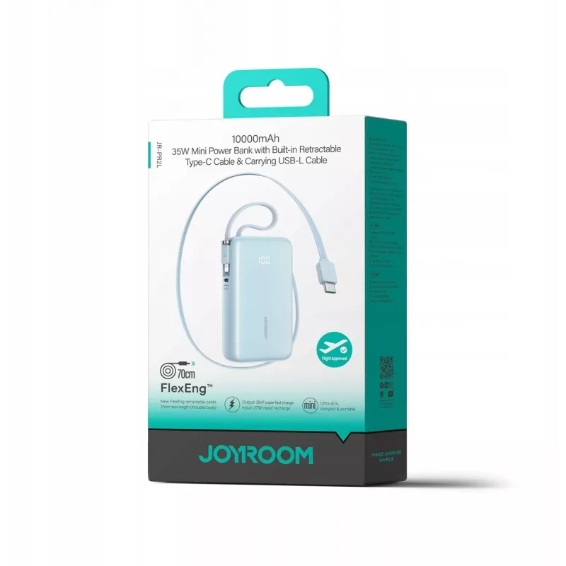 Powerbank Joyroom JR-PR2L 10000mAh 35W com ecrã digital, cabos USB-C e Lightning retráteis integrados (0,7m), azul