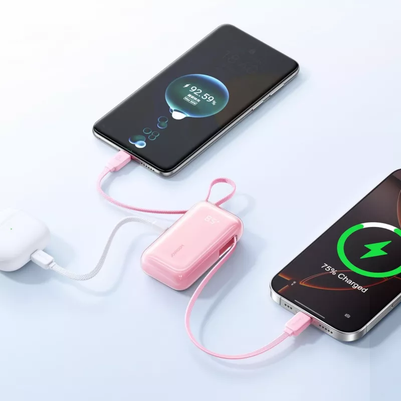 Joyroom JR-PR2L Power Bank 10000 mAh 35W com Visor Digital, Cabo Lanyard 2x Type-C Retrátil Integrado (0,7 m) Rosa