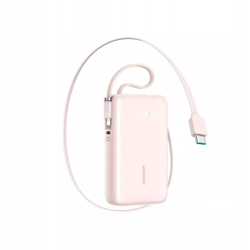 Powerbank Joyroom JR-PR2L 10000 mAh 35W com ecrã digital, cabos USB-C e Lightning retráteis (0,7 m) rosa