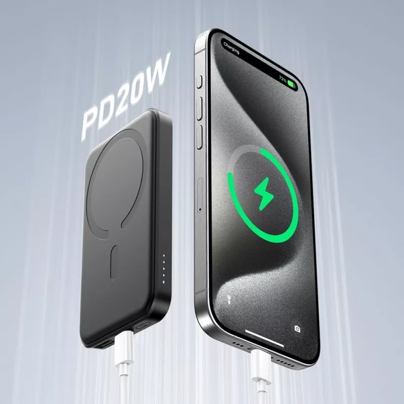 JOYROOM JR-W020 Mini Power Bank 5000mAh 20W USB-A USB-C Carregamento Sem Fios - Preto + Cabo USB-C
