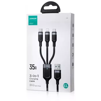 Cabo de carregamento múltiplo 3-em-1 JOYROOM S-1T3018A18 USB-A para USB-C/Micro-USB/Lightning, 30 cm nylon trançado, 3.5A, preto