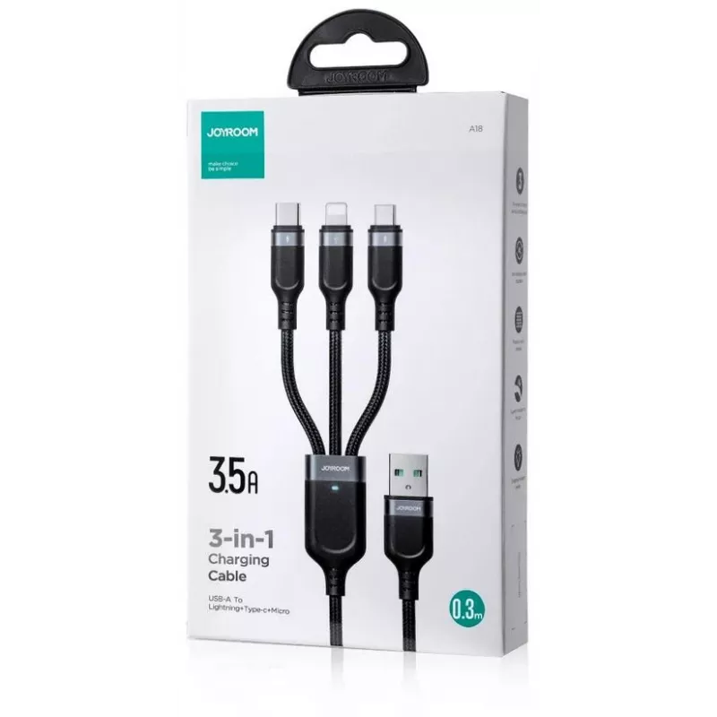 Cabo de carregamento múltiplo 3-em-1 JOYROOM S-1T3018A18 USB-A para USB-C/Micro-USB/Lightning, 30 cm nylon trançado, 3.5A, preto