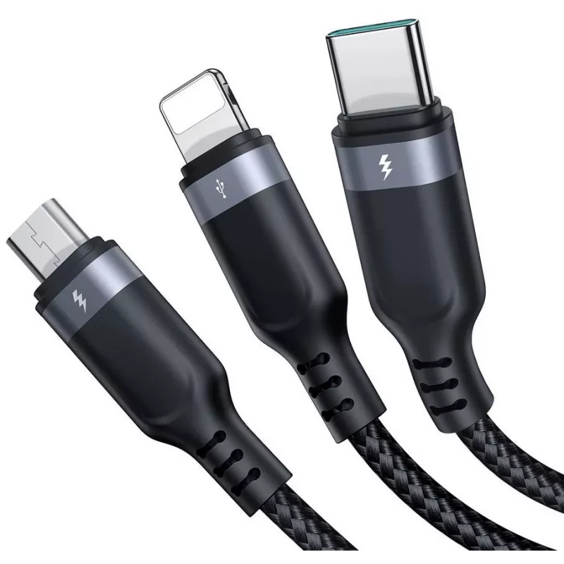 Cabo de carregamento múltiplo 3-em-1 JOYROOM S-1T3018A18 USB-A para USB-C/Micro-USB/Lightning, 30 cm nylon trançado, 3.5A, preto